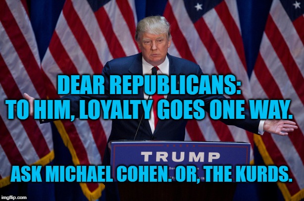 Donald Trump | DEAR REPUBLICANS:
TO HIM, LOYALTY GOES ONE WAY. ASK MICHAEL COHEN. OR, THE KURDS. | image tagged in donald trump | made w/ Imgflip meme maker