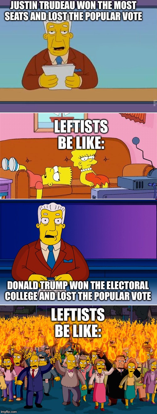 Double standards much? | JUSTIN TRUDEAU WON THE MOST SEATS AND LOST THE POPULAR VOTE; LEFTISTS BE LIKE:; DONALD TRUMP WON THE ELECTORAL COLLEGE AND LOST THE POPULAR VOTE; LEFTISTS BE LIKE: | image tagged in double standard | made w/ Imgflip meme maker