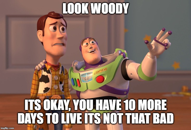 X, X Everywhere Meme | LOOK WOODY; ITS OKAY, YOU HAVE 10 MORE DAYS TO LIVE ITS NOT THAT BAD | image tagged in memes,x x everywhere | made w/ Imgflip meme maker