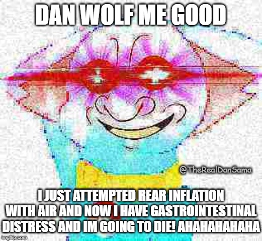 DAN WOLF ME GOOD; I JUST ATTEMPTED REAR INFLATION WITH AIR AND NOW I HAVE GASTROINTESTINAL DISTRESS AND IM GOING TO DIE! AHAHAHAHAHA; @TheRealDanSama | made w/ Imgflip meme maker