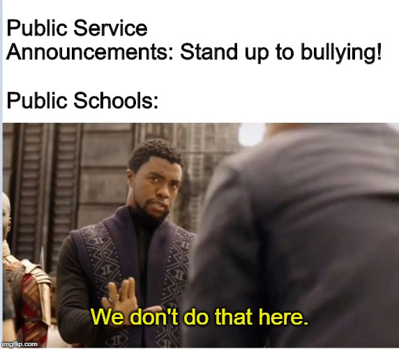 We don't do that here | Public Service Announcements: Stand up to bullying!
 
Public Schools:; We don't do that here. | image tagged in we don't do that here | made w/ Imgflip meme maker