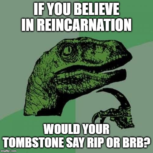 Philosoraptor | IF YOU BELIEVE IN REINCARNATION; WOULD YOUR TOMBSTONE SAY RIP OR BRB? | image tagged in memes,philosoraptor | made w/ Imgflip meme maker