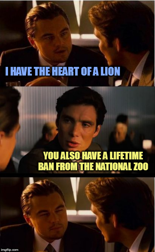 He's workin' on his roar | I HAVE THE HEART OF A LION; YOU ALSO HAVE A LIFETIME BAN FROM THE NATIONAL ZOO | image tagged in memes,inception | made w/ Imgflip meme maker