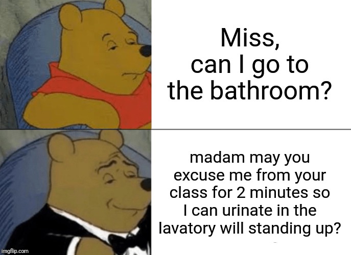Tuxedo Winnie The Pooh | Miss, can I go to the bathroom? madam may you excuse me from your class for 2 minutes so I can urinate in the lavatory will standing up? | image tagged in memes,tuxedo winnie the pooh | made w/ Imgflip meme maker