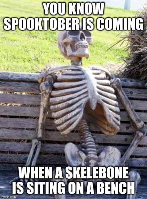 Waiting Skeleton Meme | YOU KNOW SPOOKTOBER IS COMING; WHEN A SKELEBONE IS SITING ON A BENCH | image tagged in memes,waiting skeleton | made w/ Imgflip meme maker