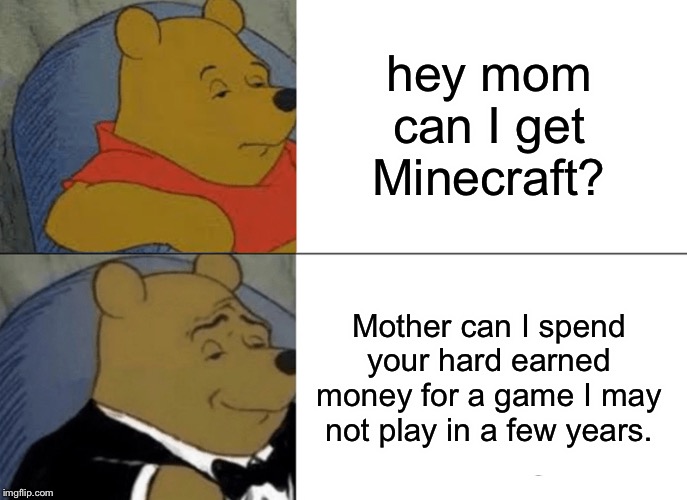 Tuxedo Winnie The Pooh Meme | hey mom can I get Minecraft? Mother can I spend your hard earned money for a game I may not play in a few years. | image tagged in memes,tuxedo winnie the pooh | made w/ Imgflip meme maker