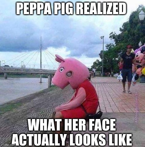 don't search peppa pig frontview | PEPPA PIG REALIZED; WHAT HER FACE ACTUALLY LOOKS LIKE | image tagged in peppa pig,peppa pig front view,sad peppa pig | made w/ Imgflip meme maker