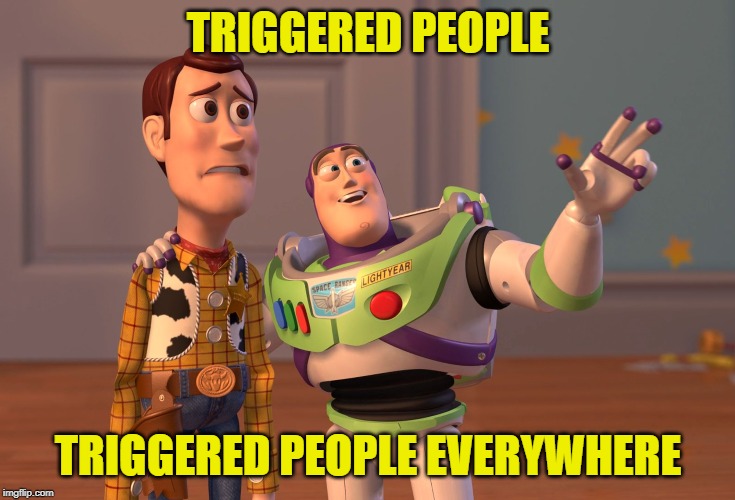 Triggered Story | TRIGGERED PEOPLE; TRIGGERED PEOPLE EVERYWHERE | image tagged in memes,x x everywhere,triggered,toy story | made w/ Imgflip meme maker