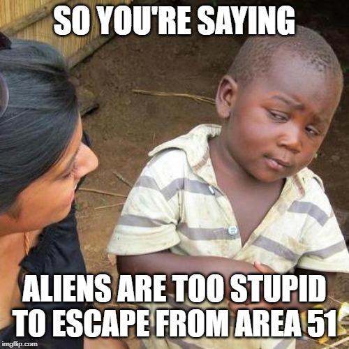 Third World Skeptical Kid Meme | SO YOU'RE SAYING; ALIENS ARE TOO STUPID TO ESCAPE FROM AREA 51 | image tagged in memes,third world skeptical kid | made w/ Imgflip meme maker