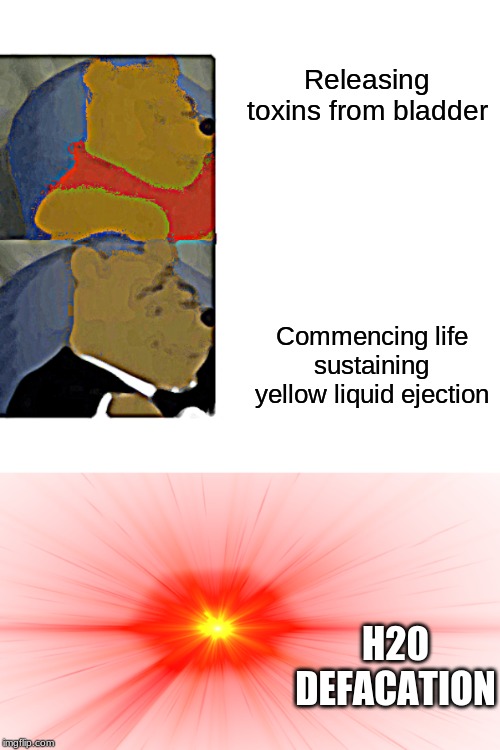 Releasing toxins from bladder Commencing life sustaining yellow liquid ejection H20 DEFACATION | image tagged in memes,tuxedo winnie the pooh,transparent red eye | made w/ Imgflip meme maker