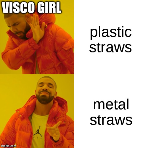 Drake Hotline Bling | VISCO GIRL; plastic straws; metal straws | image tagged in memes,drake hotline bling | made w/ Imgflip meme maker