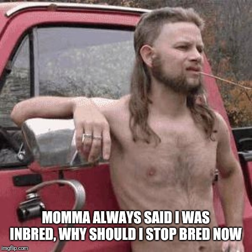 almost redneck | MOMMA ALWAYS SAID I WAS INBRED, WHY SHOULD I STOP BRED NOW | image tagged in almost redneck | made w/ Imgflip meme maker