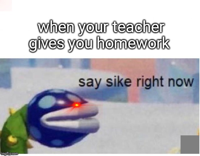 say sike right now | when your teacher gives you homework | image tagged in say sike right now | made w/ Imgflip meme maker