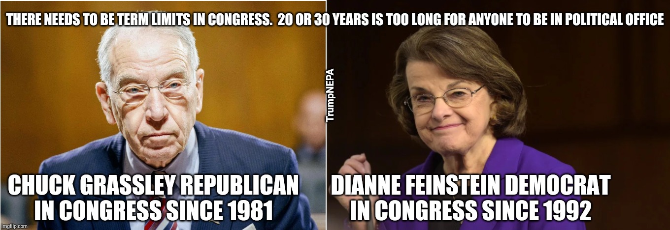 Congressional term limits | THERE NEEDS TO BE TERM LIMITS IN CONGRESS.  20 OR 30 YEARS IS TOO LONG FOR ANYONE TO BE IN POLITICAL OFFICE; TrumpNEPA; DIANNE FEINSTEIN DEMOCRAT IN CONGRESS SINCE 1992; CHUCK GRASSLEY REPUBLICAN IN CONGRESS SINCE 1981 | image tagged in politics | made w/ Imgflip meme maker