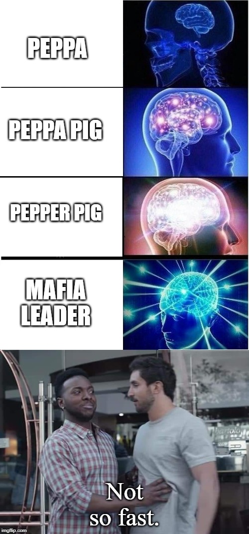 PEPPA; PEPPA PIG; PEPPER PIG; MAFIA LEADER; Not so fast. | image tagged in memes,expanding brain,not so fast | made w/ Imgflip meme maker