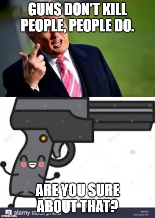 Guns dont kill people | GUNS DON'T KILL PEOPLE, PEOPLE DO. ARE YOU SURE ABOUT THAT? | image tagged in gun,people,politics,funniest memes | made w/ Imgflip meme maker