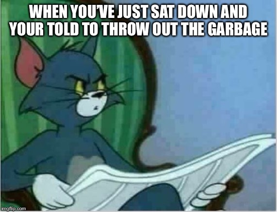 Interrupting Tom's Read | WHEN YOU’VE JUST SAT DOWN AND YOUR TOLD TO THROW OUT THE GARBAGE | image tagged in interrupting tom's read | made w/ Imgflip meme maker