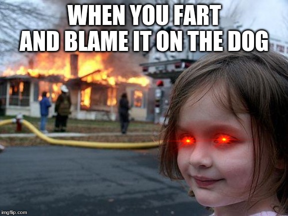 Disaster Girl Meme |  WHEN YOU FART AND BLAME IT ON THE DOG | image tagged in memes,disaster girl | made w/ Imgflip meme maker