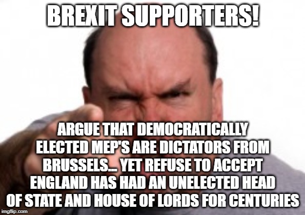 Angry Bald Man Pointing At You | BREXIT SUPPORTERS! ARGUE THAT DEMOCRATICALLY ELECTED MEP'S ARE DICTATORS FROM BRUSSELS... YET REFUSE TO ACCEPT ENGLAND HAS HAD AN UNELECTED HEAD OF STATE AND HOUSE OF LORDS FOR CENTURIES | image tagged in angry bald man pointing at you | made w/ Imgflip meme maker