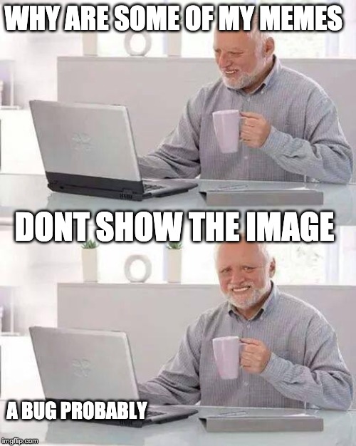 Hide the Pain Harold Meme | WHY ARE SOME OF MY MEMES; DONT SHOW THE IMAGE; A BUG PROBABLY | image tagged in memes,hide the pain harold | made w/ Imgflip meme maker