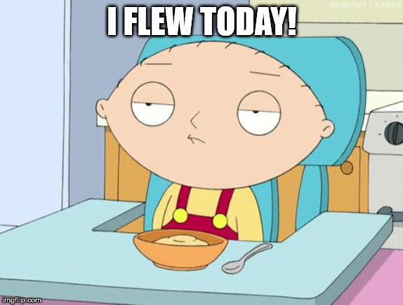 Stewie Family Guy Gun in Mouth GIF | I FLEW TODAY! | image tagged in stewie family guy gun in mouth gif | made w/ Imgflip meme maker