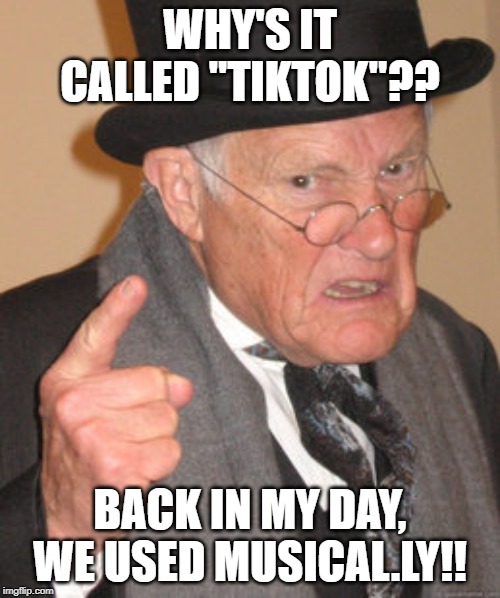 Back In My Day | WHY'S IT CALLED "TIKTOK"?? BACK IN MY DAY, WE USED MUSICAL.LY!! | image tagged in memes,back in my day | made w/ Imgflip meme maker