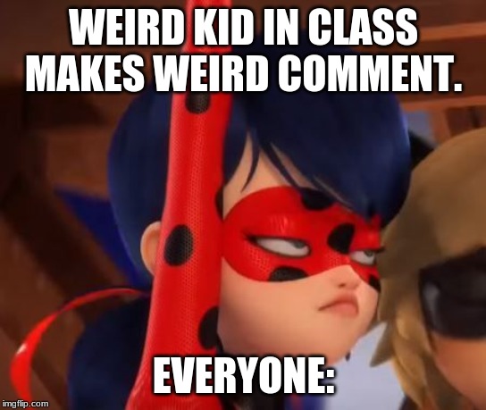 Grumpy Miraculous | WEIRD KID IN CLASS MAKES WEIRD COMMENT. EVERYONE: | image tagged in grumpy miraculous | made w/ Imgflip meme maker