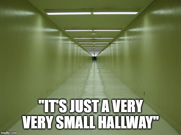 Long Hallway | "IT'S JUST A VERY VERY SMALL HALLWAY" | image tagged in long hallway | made w/ Imgflip meme maker