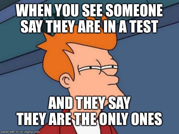 Futurama Fry Meme | WHEN YOU SEE SOMEONE SAY THEY ARE IN A TEST; AND THEY SAY THEY ARE THE ONLY ONES | image tagged in memes,futurama fry | made w/ Imgflip meme maker