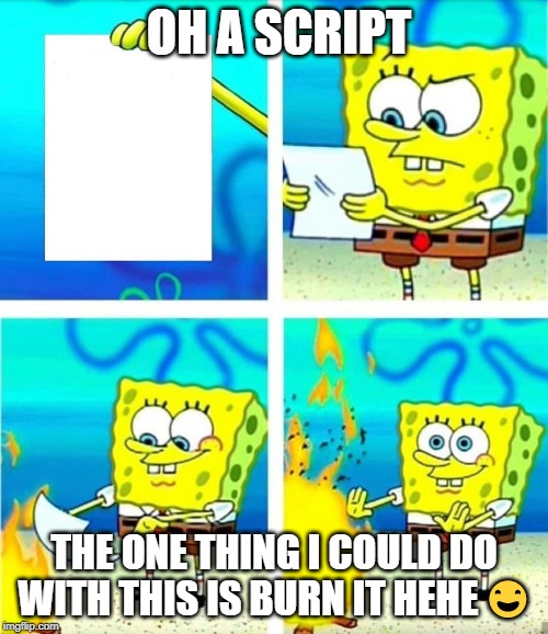 Spongebob Burn Note | OH A SCRIPT; THE ONE THING I COULD DO WITH THIS IS BURN IT HEHE 😃 | image tagged in spongebob burn note | made w/ Imgflip meme maker