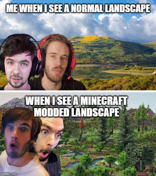Me when I see a minecraft modded landscape | ME WHEN I SEE A NORMAL LANDSCAPE; WHEN I SEE A MINECRAFT
MODDED LANDSCAPE | image tagged in minecraft,mods,pewdiepie,jacksepticeye,gaming | made w/ Imgflip meme maker