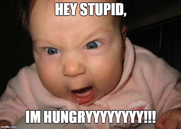 Evil Baby Meme | HEY STUPID, IM HUNGRYYYYYYYY!!! | image tagged in memes,evil baby | made w/ Imgflip meme maker