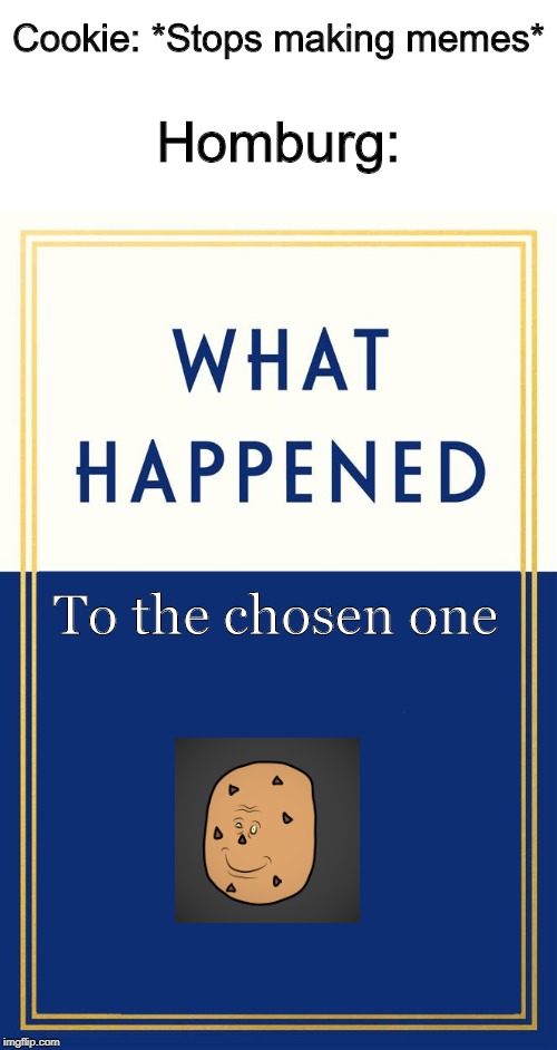 What Happened Blank | Homburg:; Cookie: *Stops making memes*; To the chosen one | image tagged in what happened blank | made w/ Imgflip meme maker