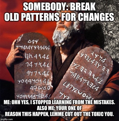 Design Patterns | SOMEBODY: BREAK OLD PATTERNS FOR CHANGES; ME: OHH YES, I STOPPED LEARNING FROM THE MISTAKES.
ALSO ME: YOUR ONE OF REASON THIS HAPPEN, LEMME CUT OUT THE TOXIC YOU. | image tagged in design patterns | made w/ Imgflip meme maker
