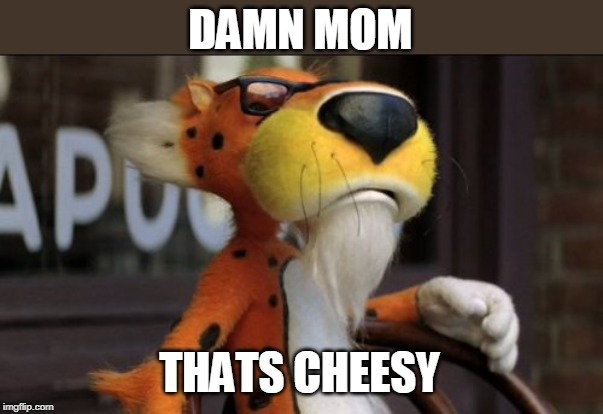 chester cheeto | DAMN MOM THATS CHEESY | image tagged in chester cheeto | made w/ Imgflip meme maker