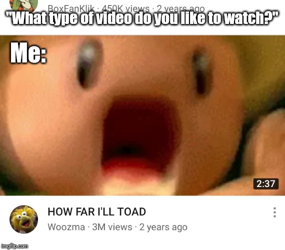 "...it's complicated" | Me:; "What type of video do you like to watch?" | image tagged in memes,toad | made w/ Imgflip meme maker