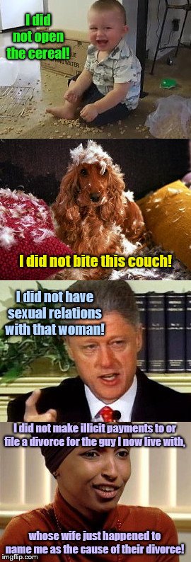Famous Did Nots | I did not open the cereal! I did not bite this couch! I did not have sexual relations with that woman! I did not make illicit payments to or file a divorce for the guy I now live with, whose wife just happened to name me as the cause of their divorce! | image tagged in famous did nots,ilhan omar,bill clinton - sexual relations,affairs,denial | made w/ Imgflip meme maker
