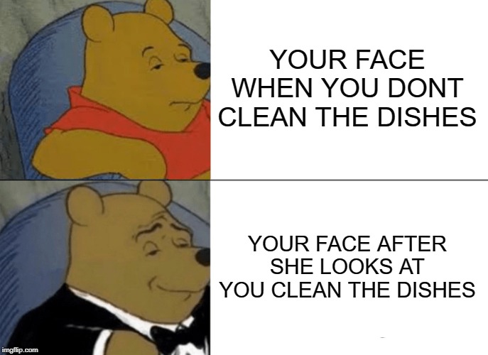 YOUR FACE WHEN YOU DONT CLEAN THE DISHES YOUR FACE AFTER SHE LOOKS AT YOU CLEAN THE DISHES | image tagged in memes,tuxedo winnie the pooh | made w/ Imgflip meme maker