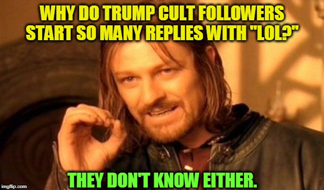 LOL | WHY DO TRUMP CULT FOLLOWERS START SO MANY REPLIES WITH "LOL?"; THEY DON'T KNOW EITHER. | image tagged in memes,one does not simply,trump,cult,lol | made w/ Imgflip meme maker