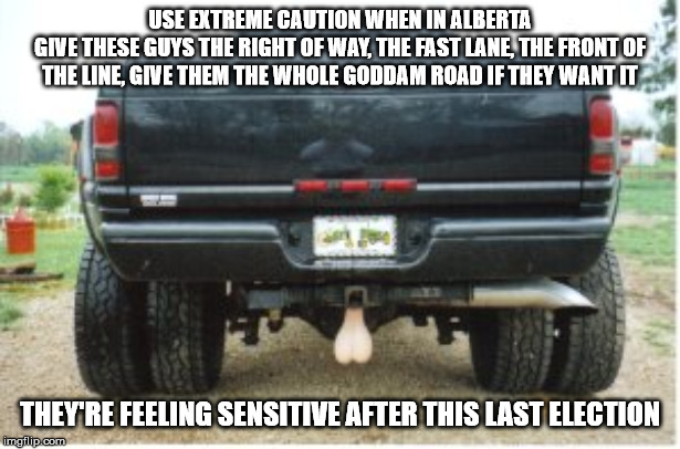 Only in Alberta | USE EXTREME CAUTION WHEN IN ALBERTA
GIVE THESE GUYS THE RIGHT OF WAY, THE FAST LANE, THE FRONT OF THE LINE, GIVE THEM THE WHOLE GODDAM ROAD IF THEY WANT IT; THEY'RE FEELING SENSITIVE AFTER THIS LAST ELECTION | image tagged in alberta,meanwhile in canada | made w/ Imgflip meme maker