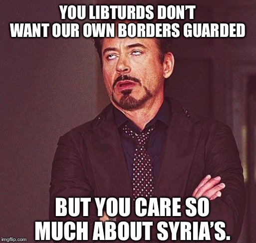 Robert Downey Jr Annoyed | YOU LIBTURDS DON’T WANT OUR OWN BORDERS GUARDED BUT YOU CARE SO MUCH ABOUT SYRIA’S. | image tagged in robert downey jr annoyed | made w/ Imgflip meme maker