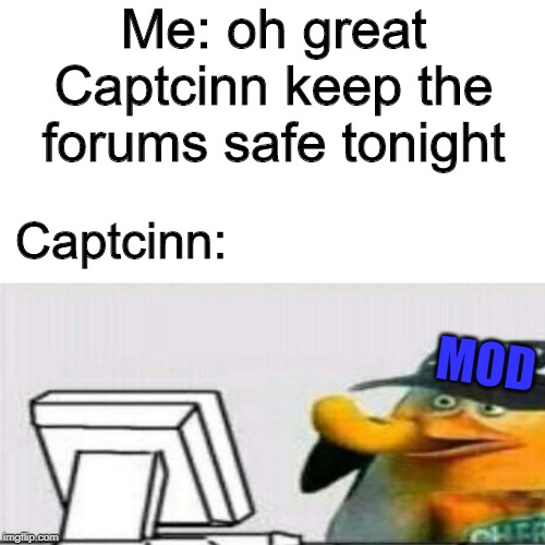 Skipper FBI | Me: oh great Captcinn keep the forums safe tonight; Captcinn:; MOD | image tagged in skipper fbi | made w/ Imgflip meme maker