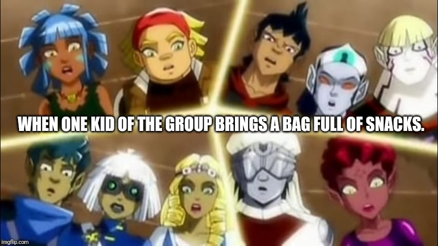 That one cool kid in the group | WHEN ONE KID OF THE GROUP BRINGS A BAG FULL OF SNACKS. | image tagged in cool kids,munchies | made w/ Imgflip meme maker