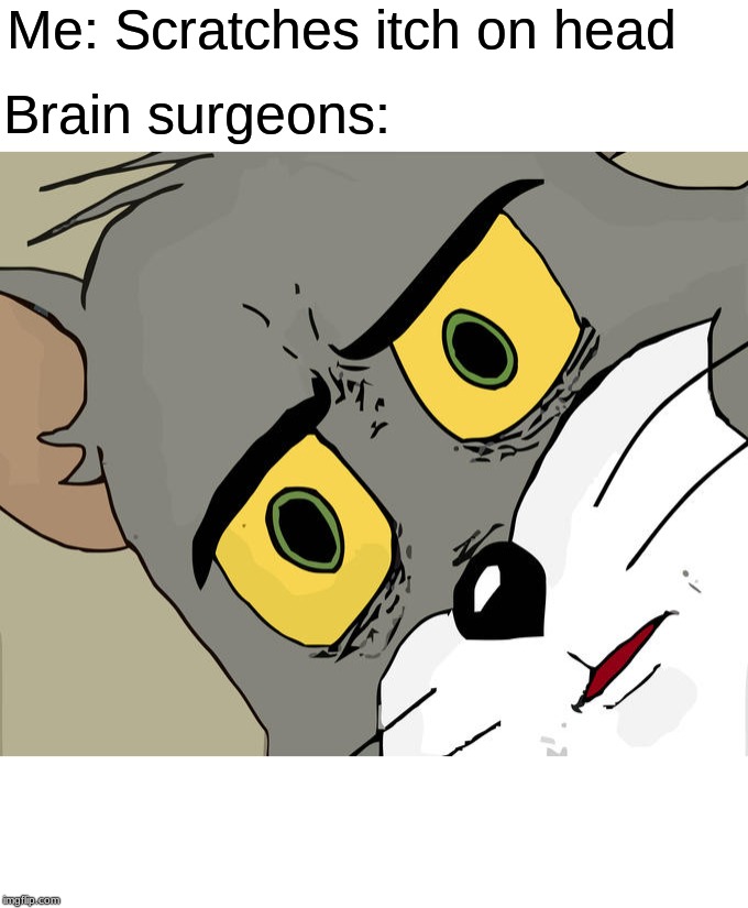Unsettled Tom | Me: Scratches itch on head; Brain surgeons: | image tagged in memes,unsettled tom | made w/ Imgflip meme maker