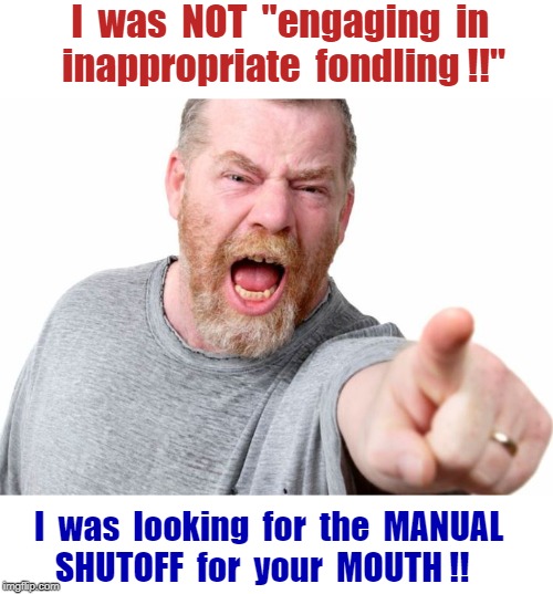 Appropriate Behavior | I  was  NOT  "engaging  in 
inappropriate  fondling !!"; I  was  looking  for  the  MANUAL
SHUTOFF  for  your  MOUTH !! | image tagged in angry man,memes,shut up,rick75230,misunderstanding | made w/ Imgflip meme maker