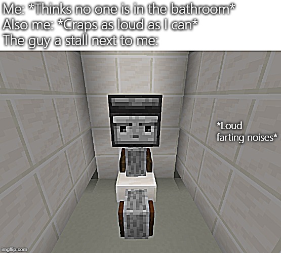 Me: *Thinks no one is in the bathroom*
Also me: *Craps as loud as I can*
The guy a stall next to me:; *Loud farting noises* | image tagged in minecraft | made w/ Imgflip meme maker