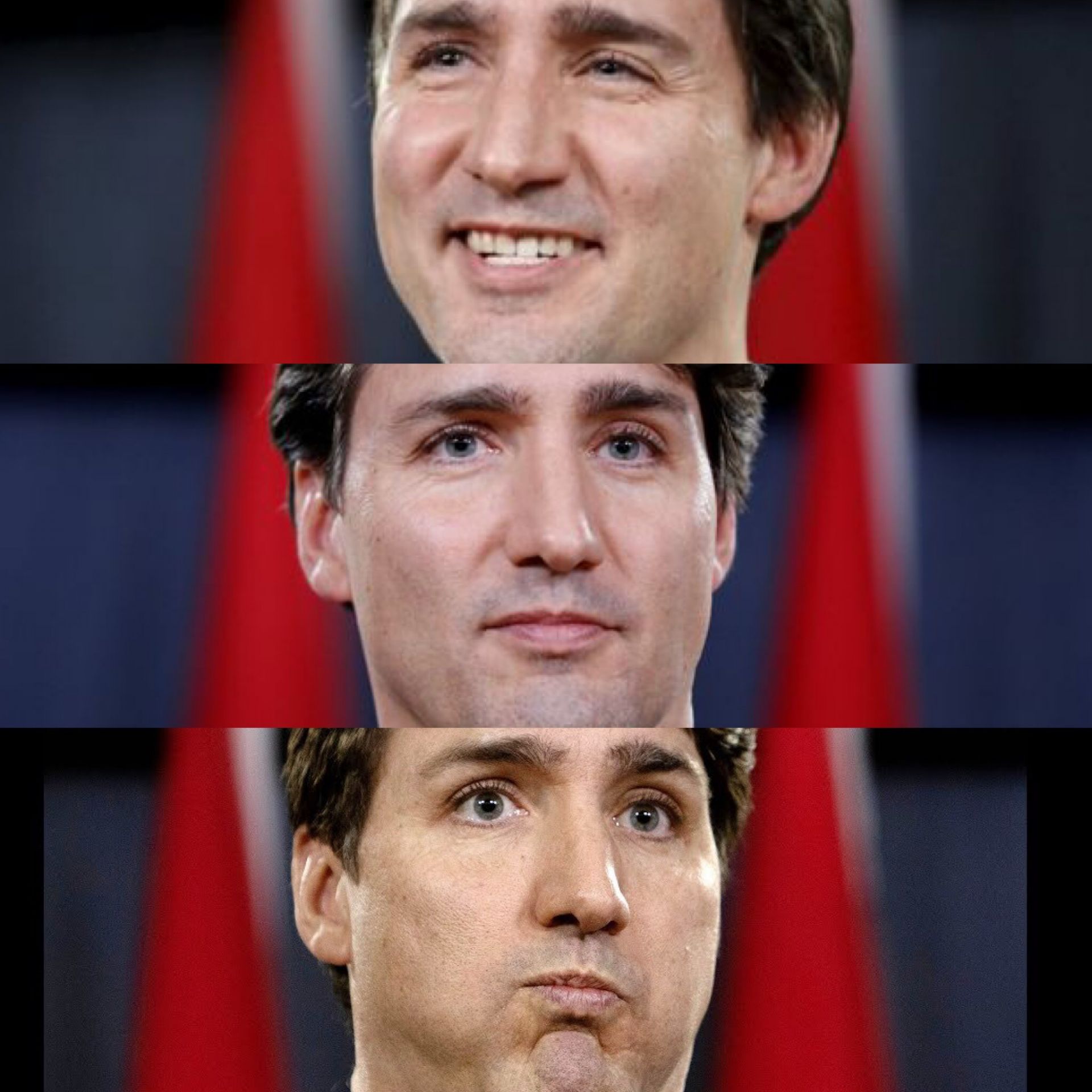 Trudeau happy, conglicted, then sad Blank Meme Template