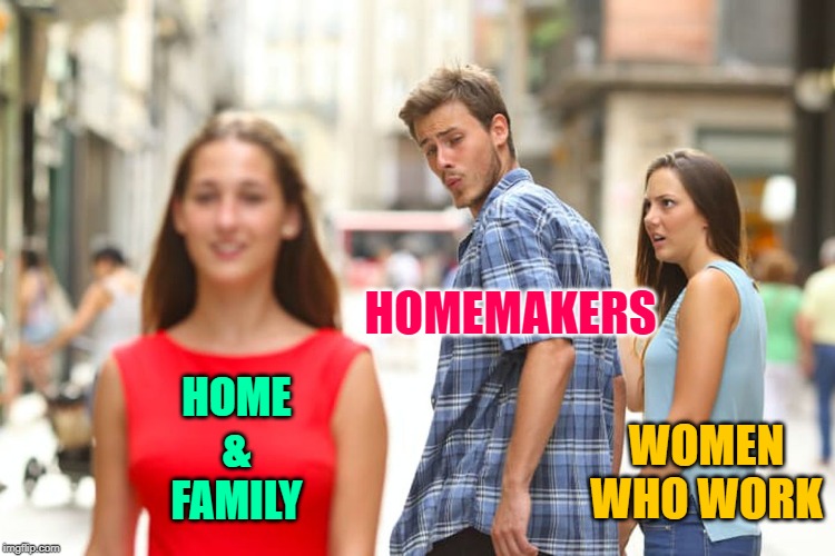 Distracted Homemakers | HOMEMAKERS; HOME
&
FAMILY; WOMEN WHO WORK | image tagged in distracted boyfriend,funny memes,marriage,women,family life,homemaker | made w/ Imgflip meme maker