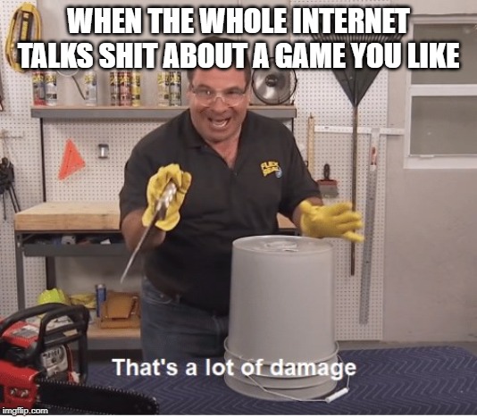 thats a lot of damage | WHEN THE WHOLE INTERNET TALKS SHIT ABOUT A GAME YOU LIKE | image tagged in thats a lot of damage | made w/ Imgflip meme maker