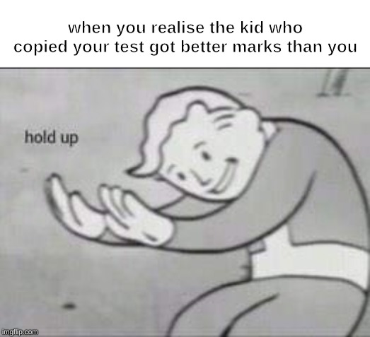 Fallout Hold Up | when you realise the kid who copied your test got better marks than you | image tagged in fallout hold up | made w/ Imgflip meme maker